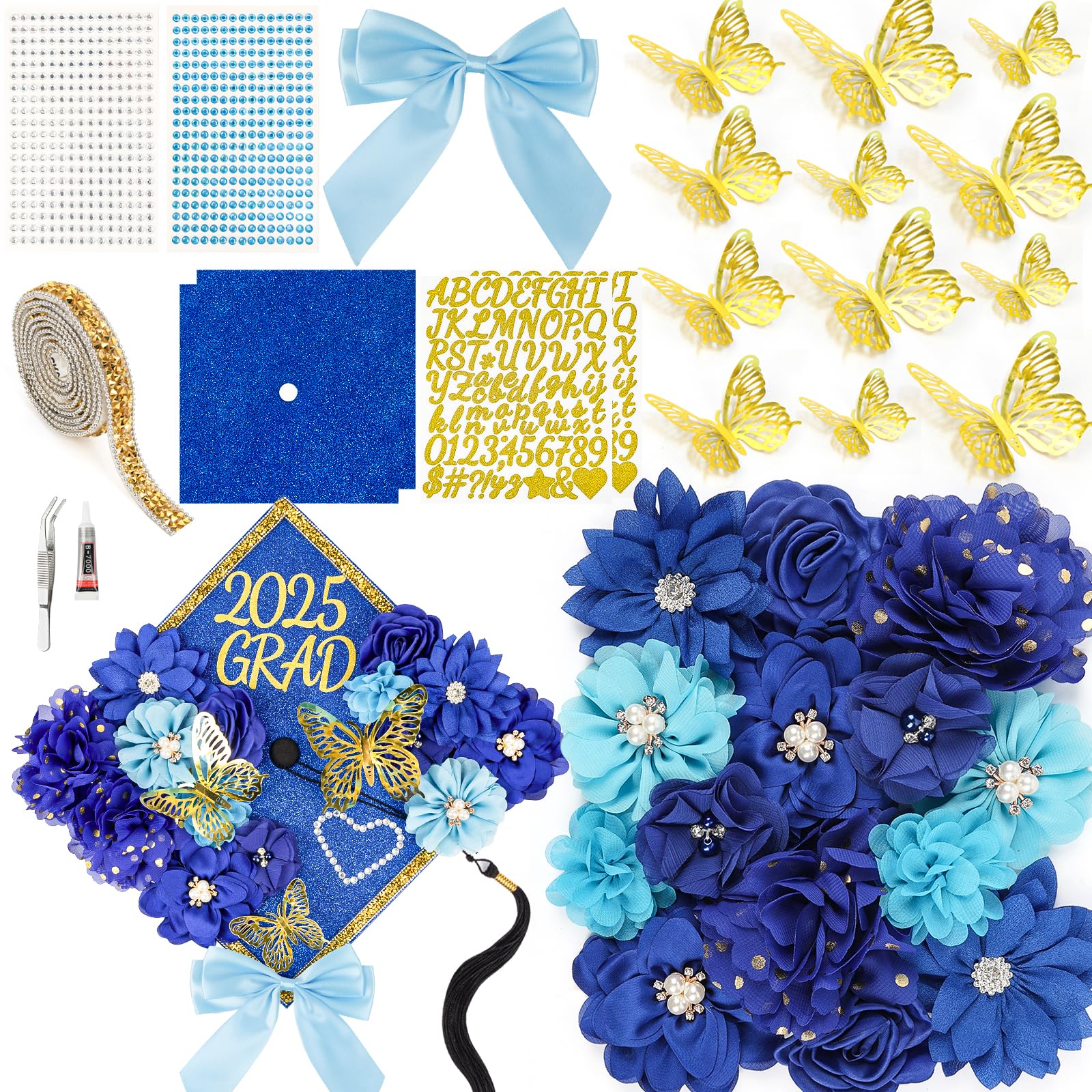 Photo 1 of Graduation Cap Decorations Kit 2025 DIY Cap Decorations 36PCS Included Fake Flowers Heads Bow 3D Butterfly Self Adhesive Rhinestones Stickers Alphabet Letter Stickers for Grad Party Decor, Blue