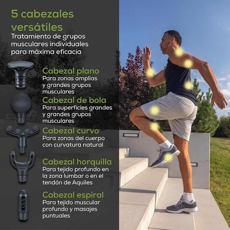PowerReload pistola de masaje, masaje de puntos gatillo para relajación y regeneración, potente dispositivo de masaje muscular con 5 cabezales, 5 niveles de intensidad,extremadamente silenciosa