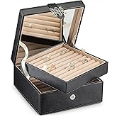 Glenor Co Ring Organizer Box - 108 Slot Classic Jewelry Display Holder - 2 Storage Trays with Modern Buckle Closure, Large Mirror - Holds Rings and Cufflinks - PU Leather Case - Black