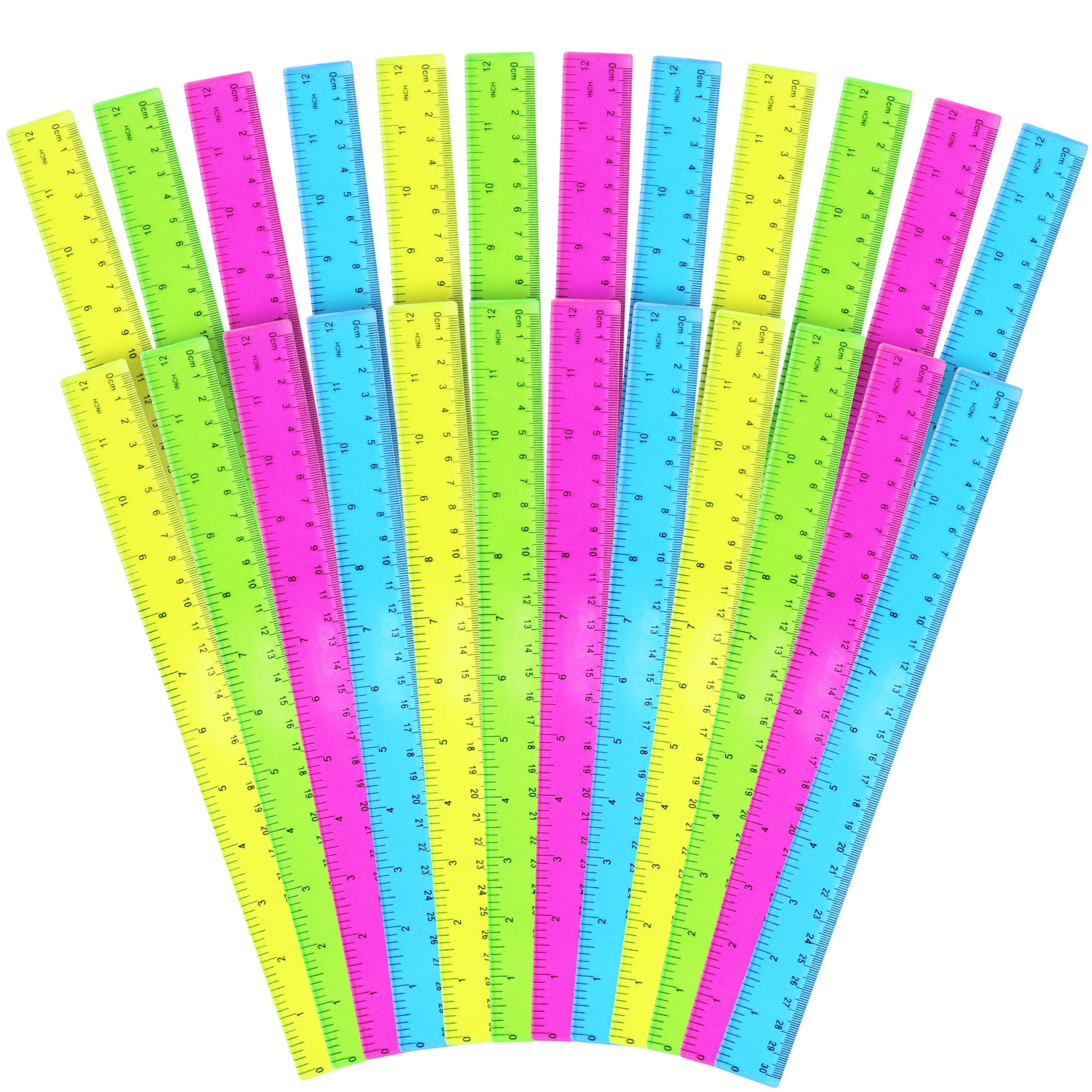 BELLE VOUS 24 Pack School Ruler - 30cm/11.81 inches - Clear Straight Coloured Rulers with Inches and Centimeters for Office, Student & Kids - Shatter Resistant Measuring Tool - Assorted Colours