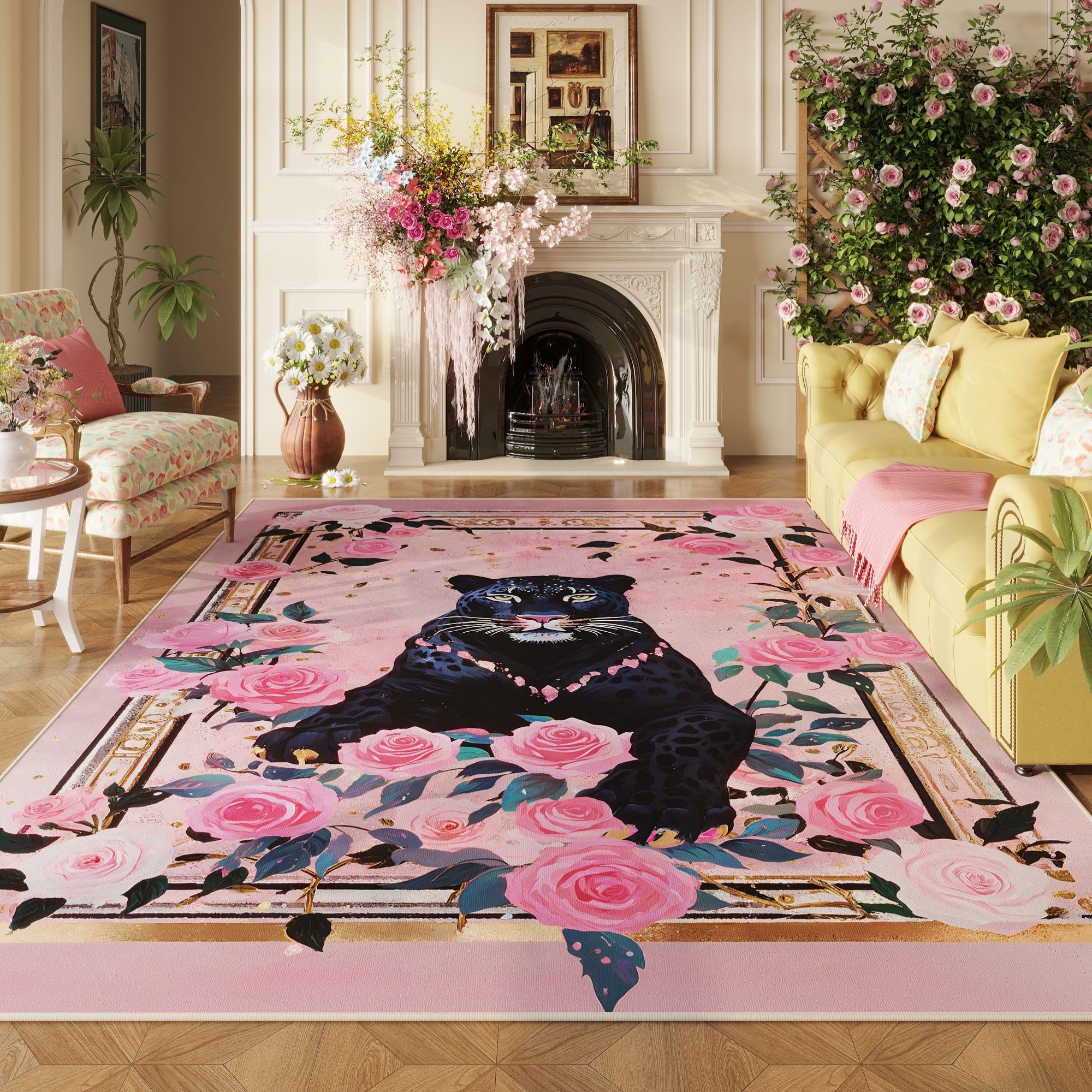 Photo 1 of Vowkten Area Rugs 8x10 Rug for Living Room Clearance Washable Retro Lavish Leopard Non Slip Floral Animal Vintage Low Pile Large Rug for Living Room, Bedroom, Farmhouse, Dining Room, Kids Playroom