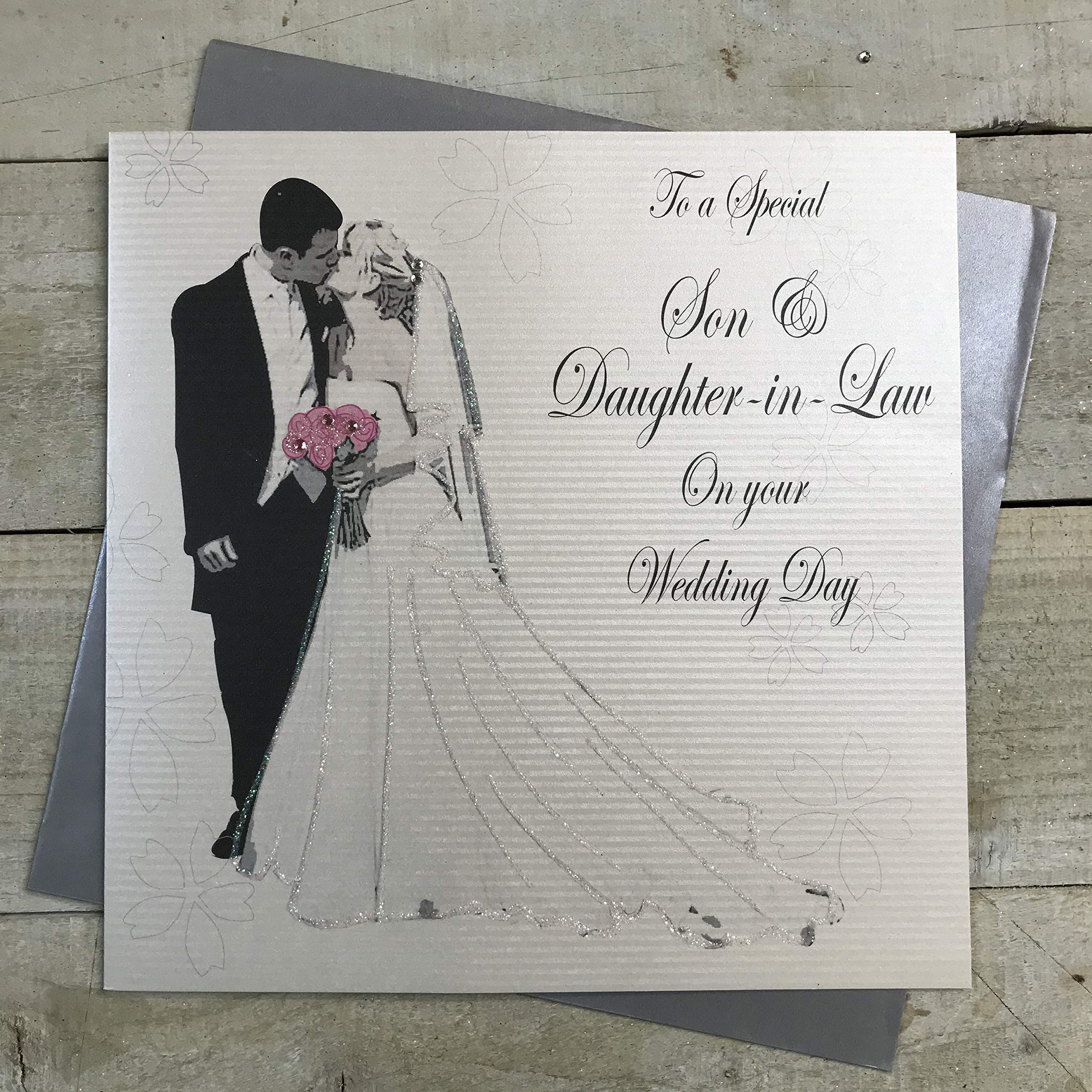 white cotton cards Bride & Groom To A Special Son & Daughter-in-Law on Your Wedding Day Handmade Wedding Card, Large, XWB100S