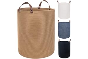 Twira Extra Large 20x16 Inches Cotton Rope Basket, Woven Baby Laundry Blanket Basket with Leather Handle Toy Basket Storage Baskets Bin for Yoga Mat & Towel (Brown）