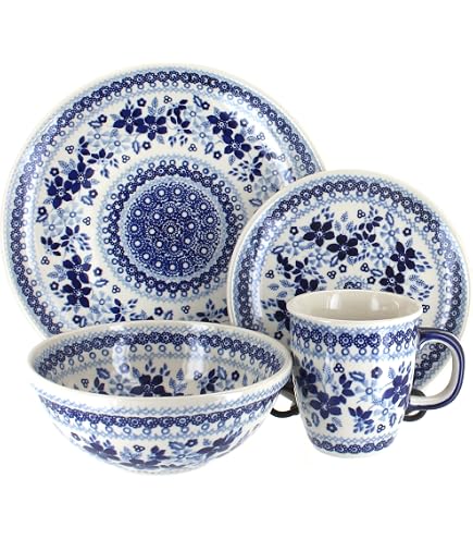 Blue Rose Polish Pottery Valentina 4-Piece Place Setting – Handcrafted In Poland, Dishwasher & Microwave Safe