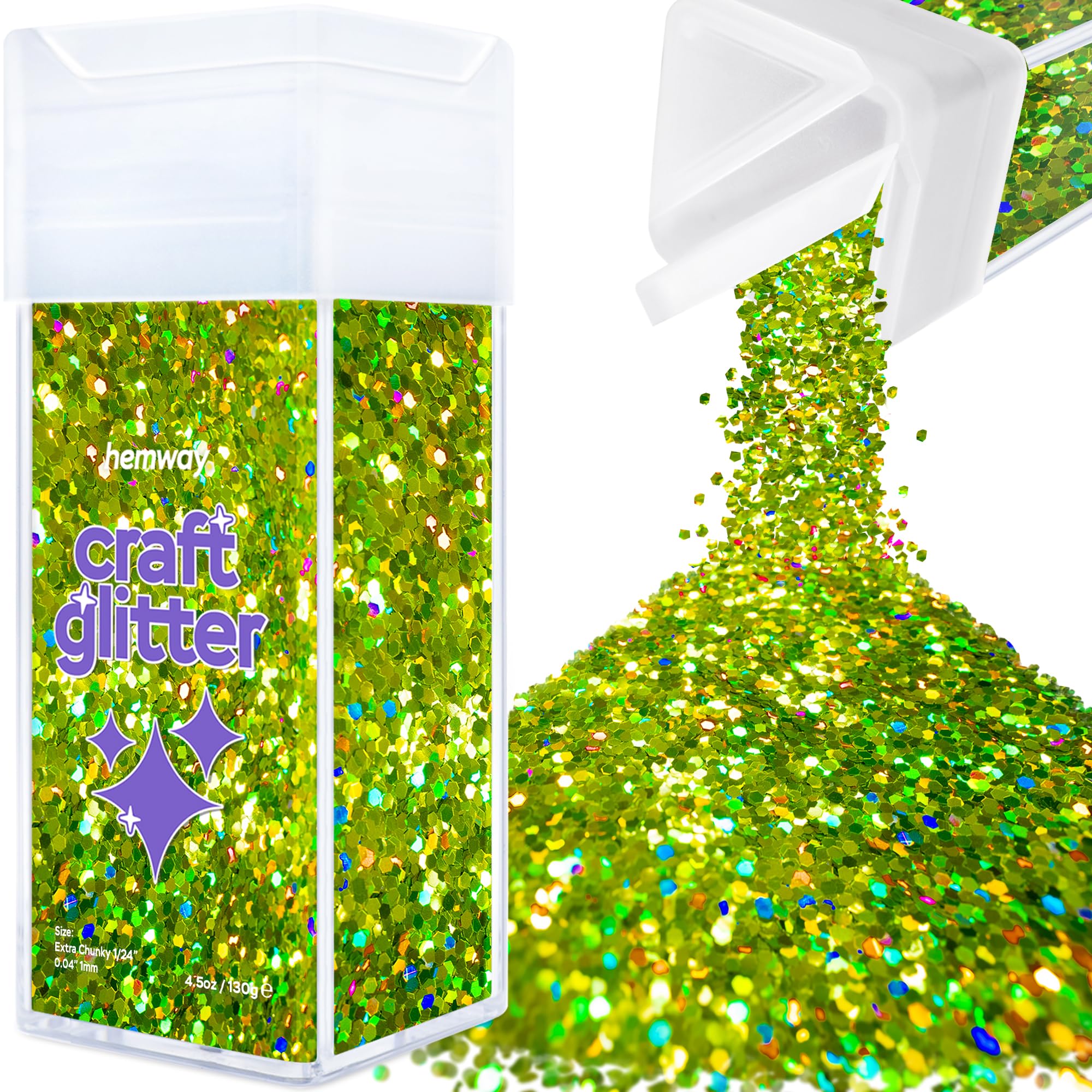 Hemway Glitter Shaker Lime Green Holographic 110g Extra Chunky, Craft Glitter Shaker for Resin & Epoxy Crafts, Christmas Art Supplies, Nail, Body, Face, Eye, Festival, Crafting, Slime, Sparkle