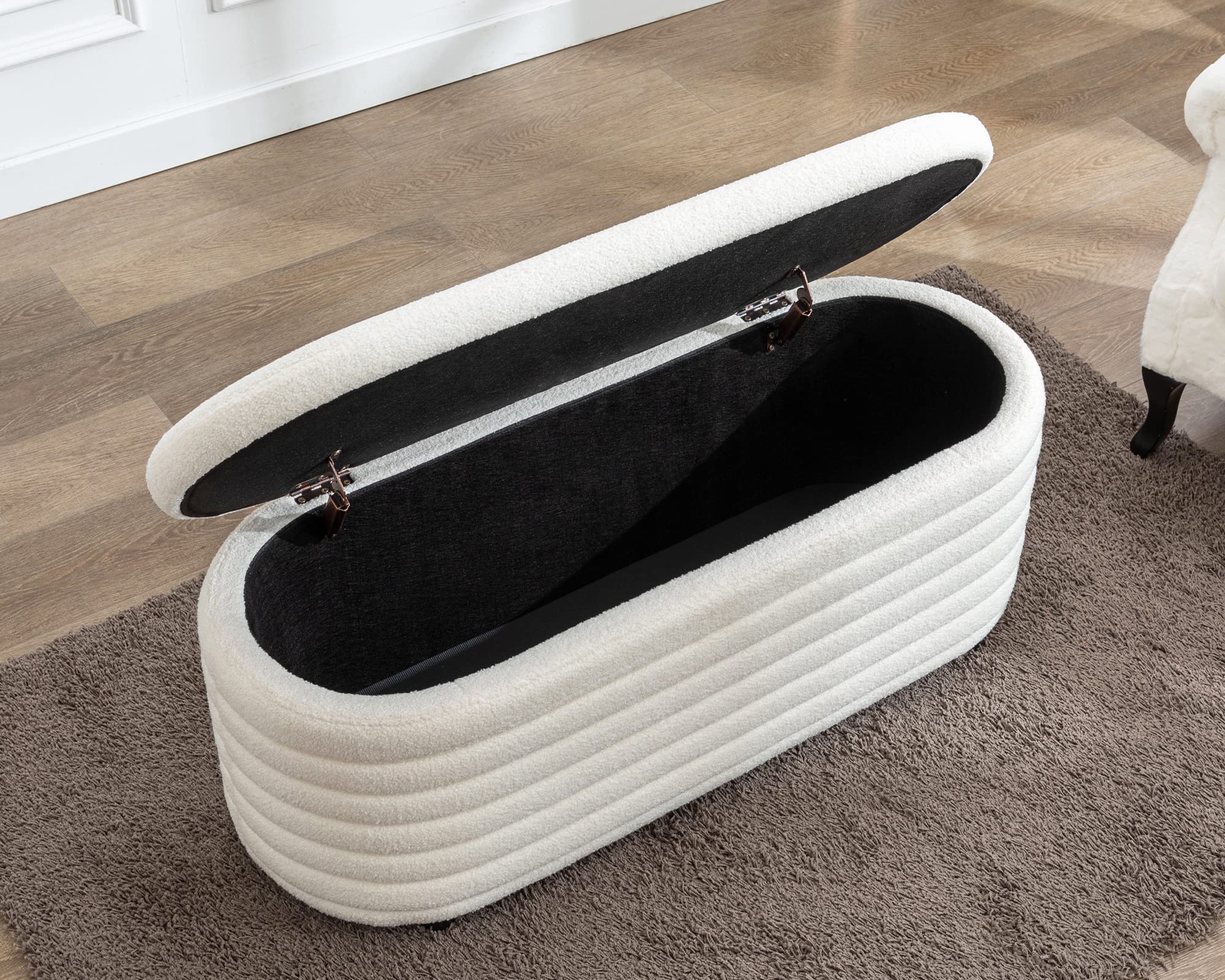 DM Furniture Storage Teddy Ottoman Bench Upholstered Fabric Storage Bench End of Bed Stool with Safety Hinge for Bedroom, Living Room, Entryway, Closet(44.5-inch, White) - Image 4