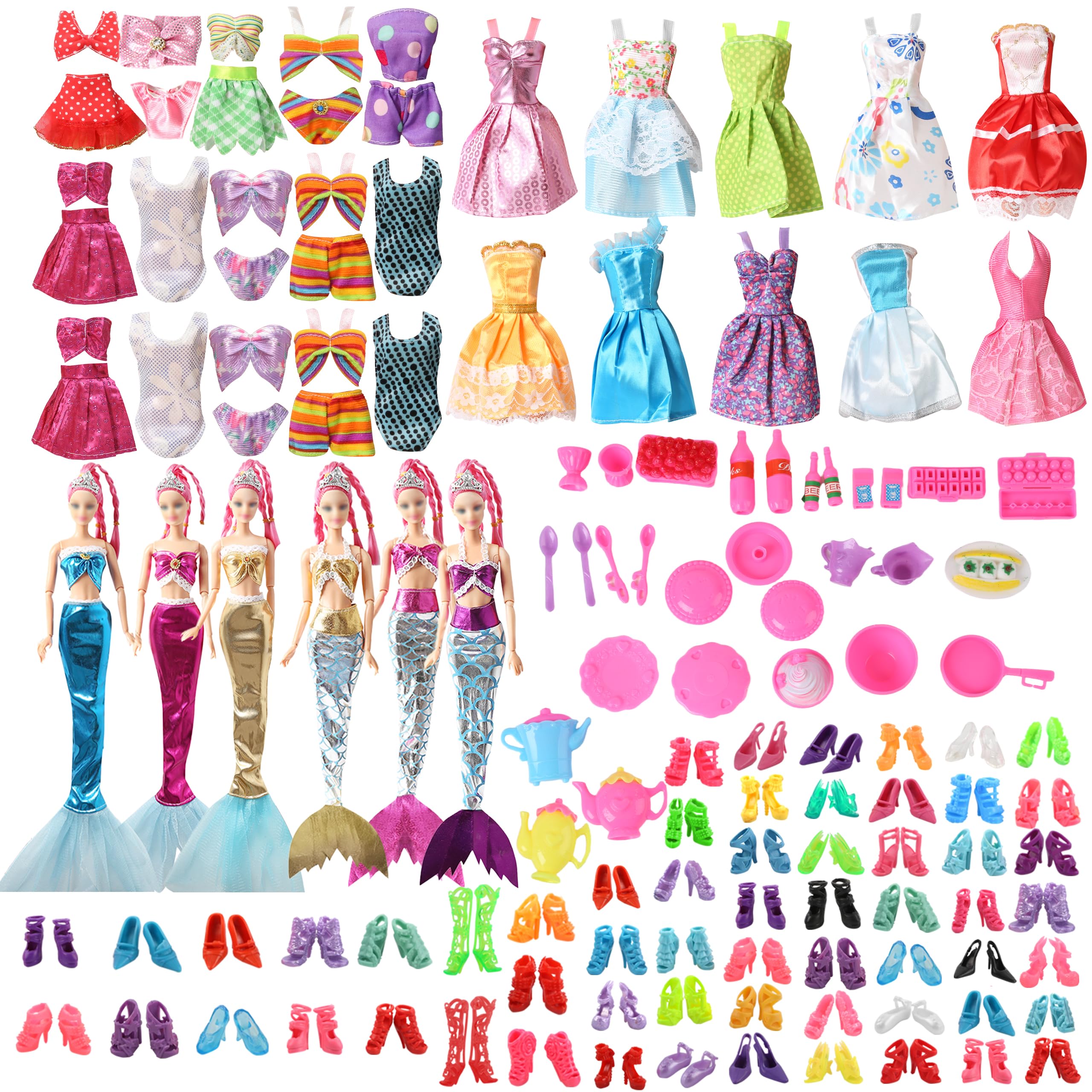 120 Pcs 11.5 inch Doll Clothes & Accessories: Fashion Sequin Floral Dresses Swimsuits Mermaid Tail Clothes Party Dresses Shoes tableware for Doll - Random Style Gifts for Girls