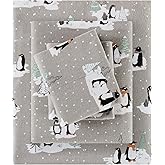 True North by Sleep Philosophy Cozy Flannel Warm 100% Cotton Sheet - Novelty Print Animals Stars Cute Ultra Soft Cold Weather Bedding Set, Queen, Grey Penguins