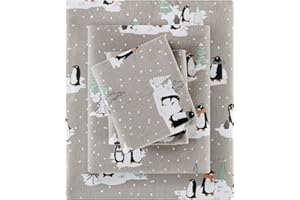 True North by Sleep Philosophy Cozy Flannel Warm 100% Cotton Sheet - Novelty Print Animals Stars Cute Ultra Soft Cold Weather Bedding Set, Queen, Grey Penguins