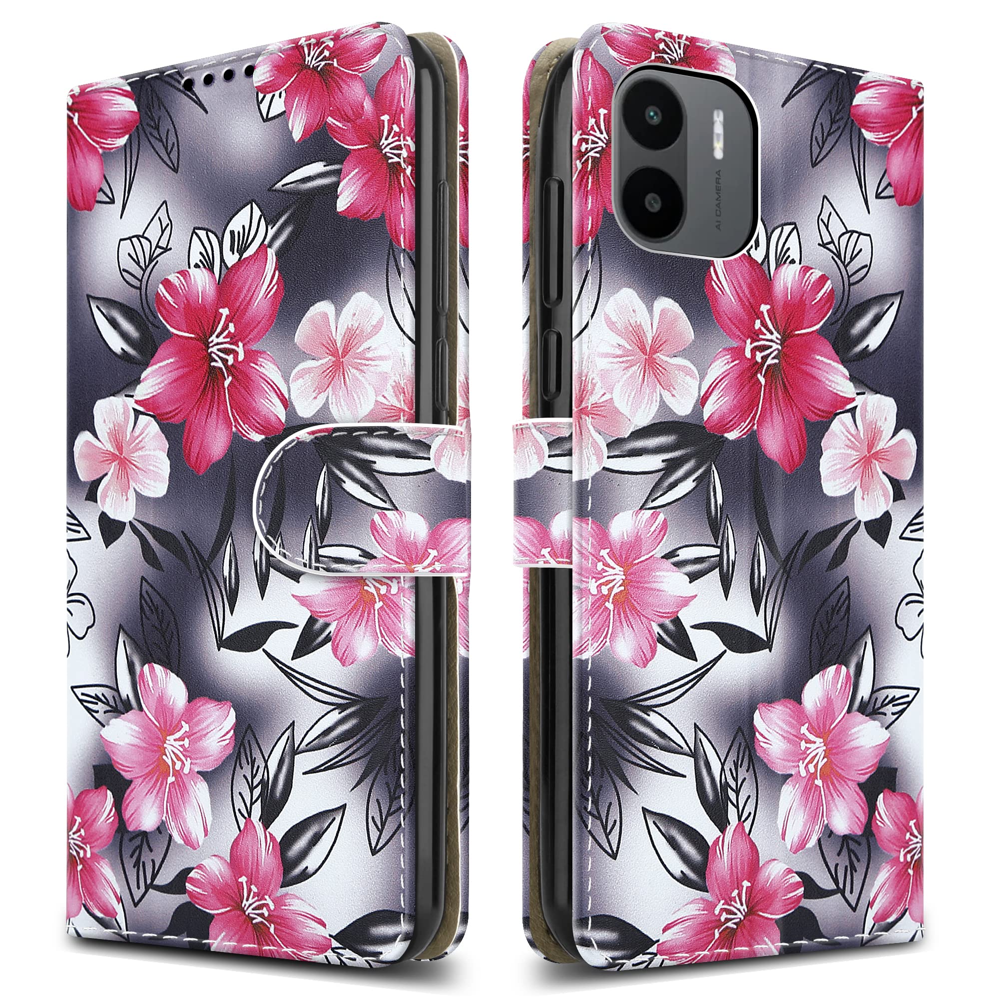 PIXFAB For Xiaomi Redmi A1 / Redmi A2 Leather Phone Case, Magnetic Closure Full Protection Book Folio Design, Wallet Case Cover [Card Slots] and [Kickstand] For Xiaomi Redmi A1 - Flower