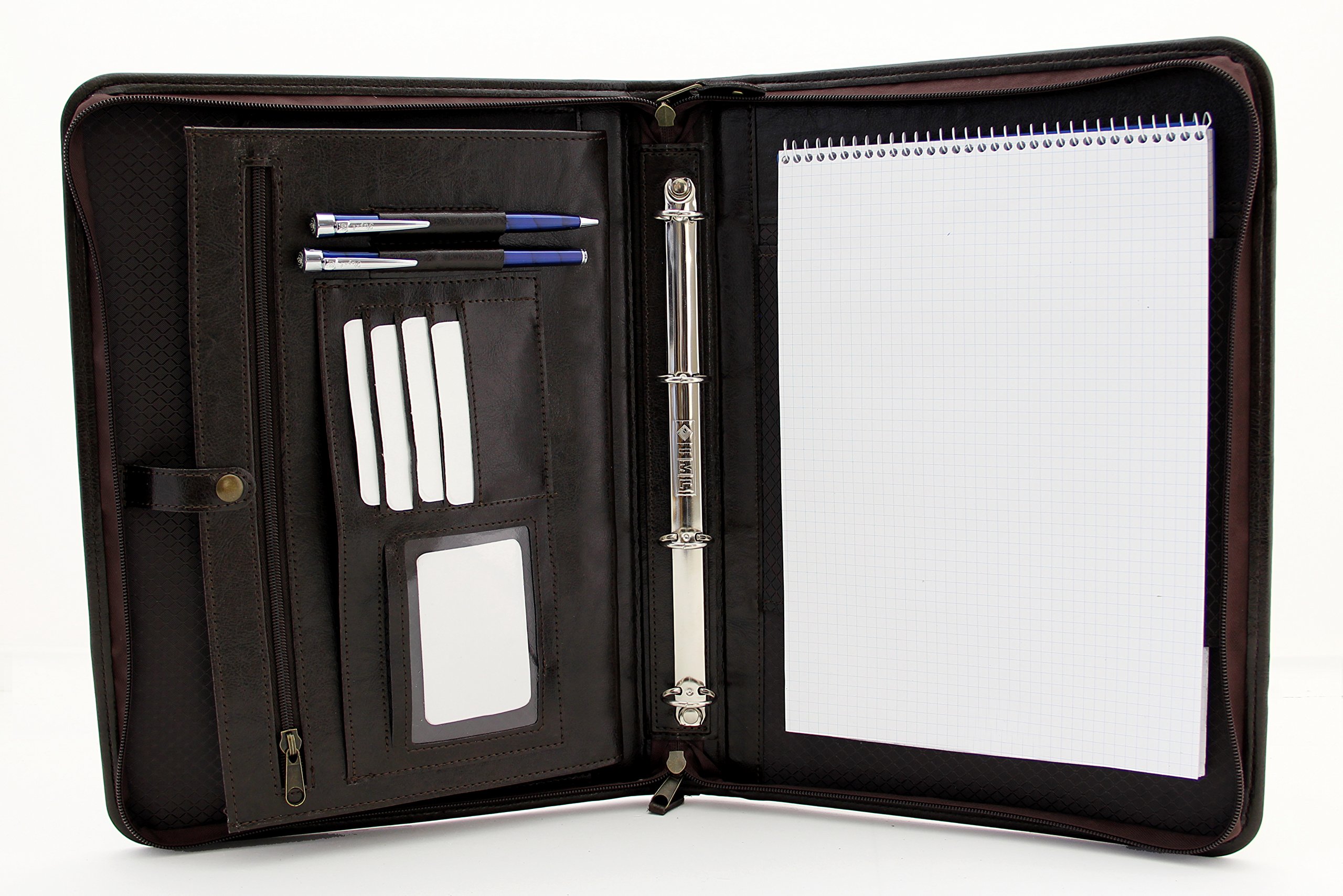 Pu Leather Business Presentation Meeting Conference A4 Folder Faux Leather Portfolio Ring Binder with Handle (Brown)