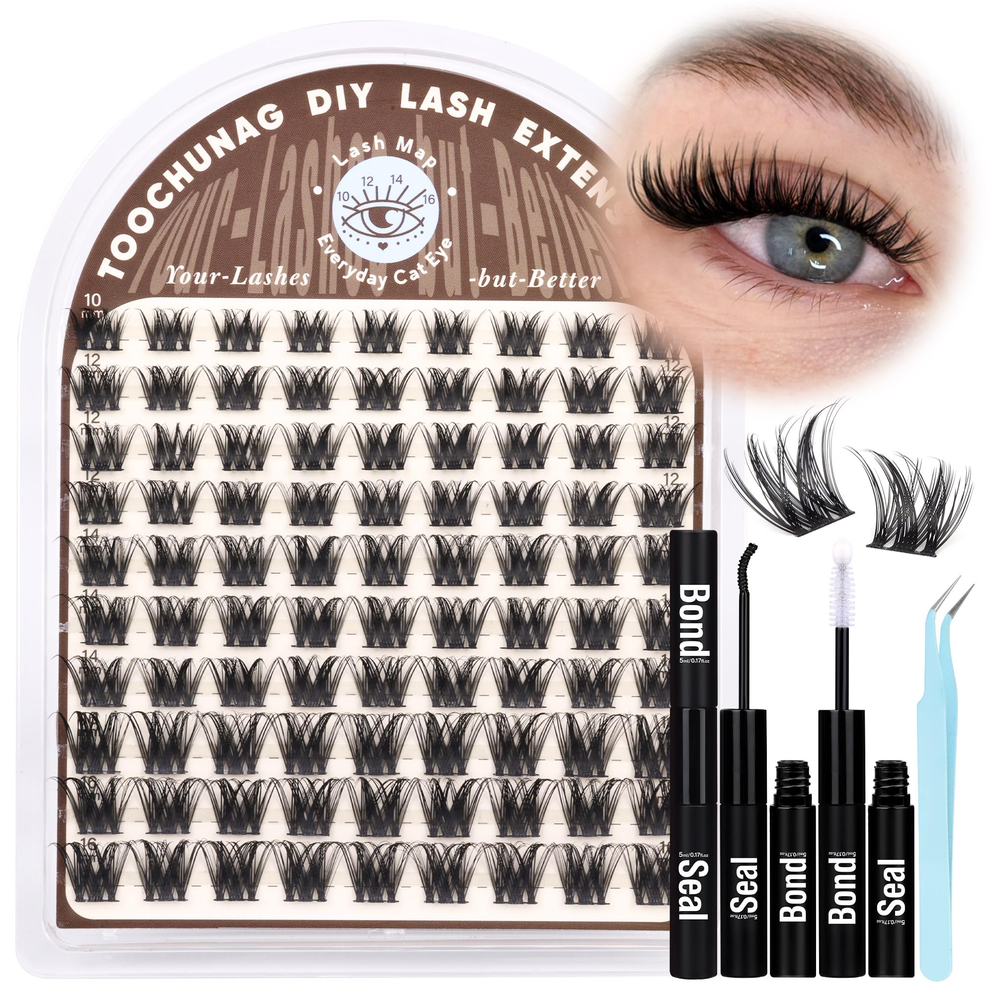 Photo 1 of TOOCHUNAG Lash Extension Kit Wispy Lash Clusters Kit Thin Band Cluster Eyelash Extensions Kit Natural Individual Eyelashes Kit DIY Cluster Lashes with Lash Bond and Seal and Tweezers (10-16mm-D)
