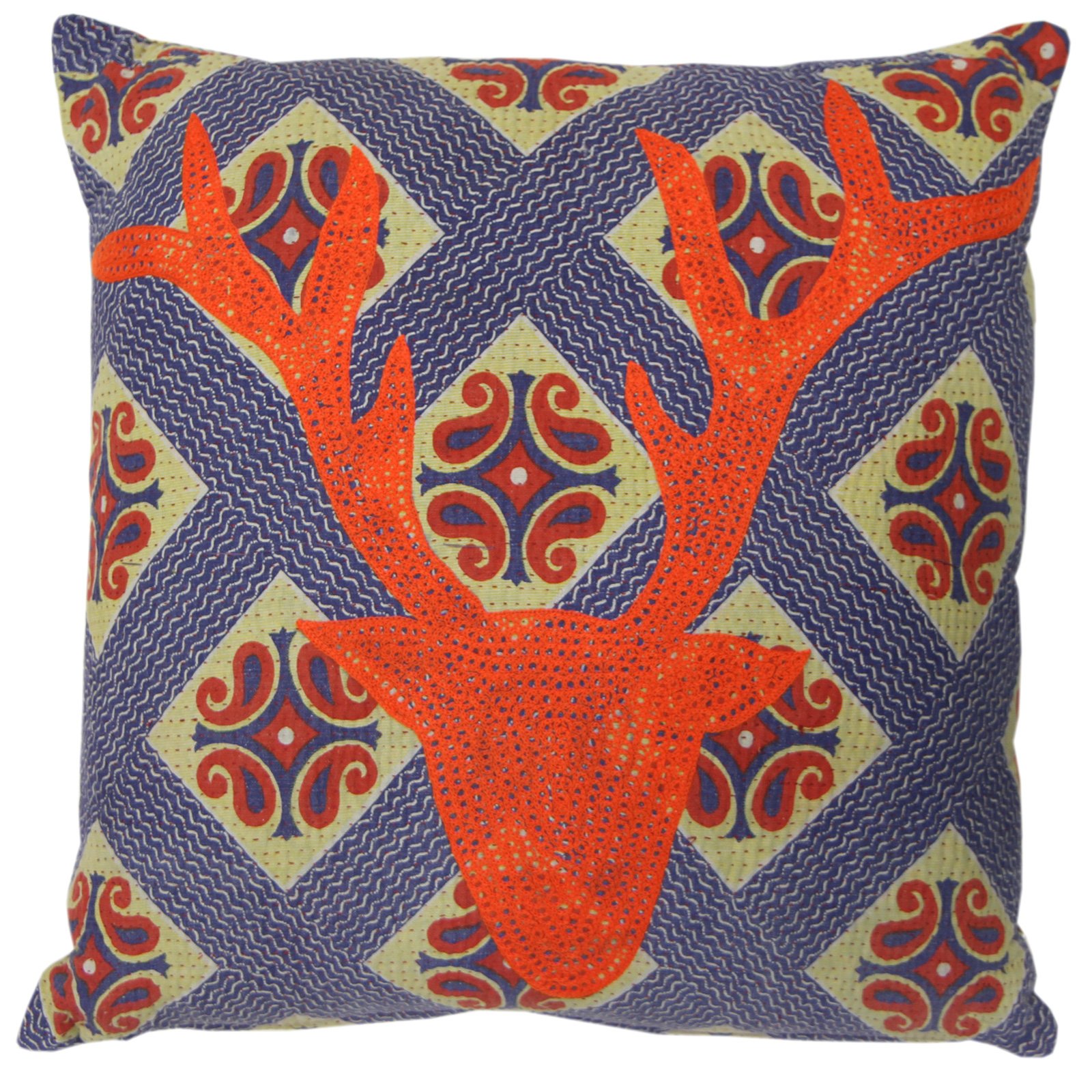 Just Contempo Indian Stag Filled Cushion, Blue, 20x20 inches