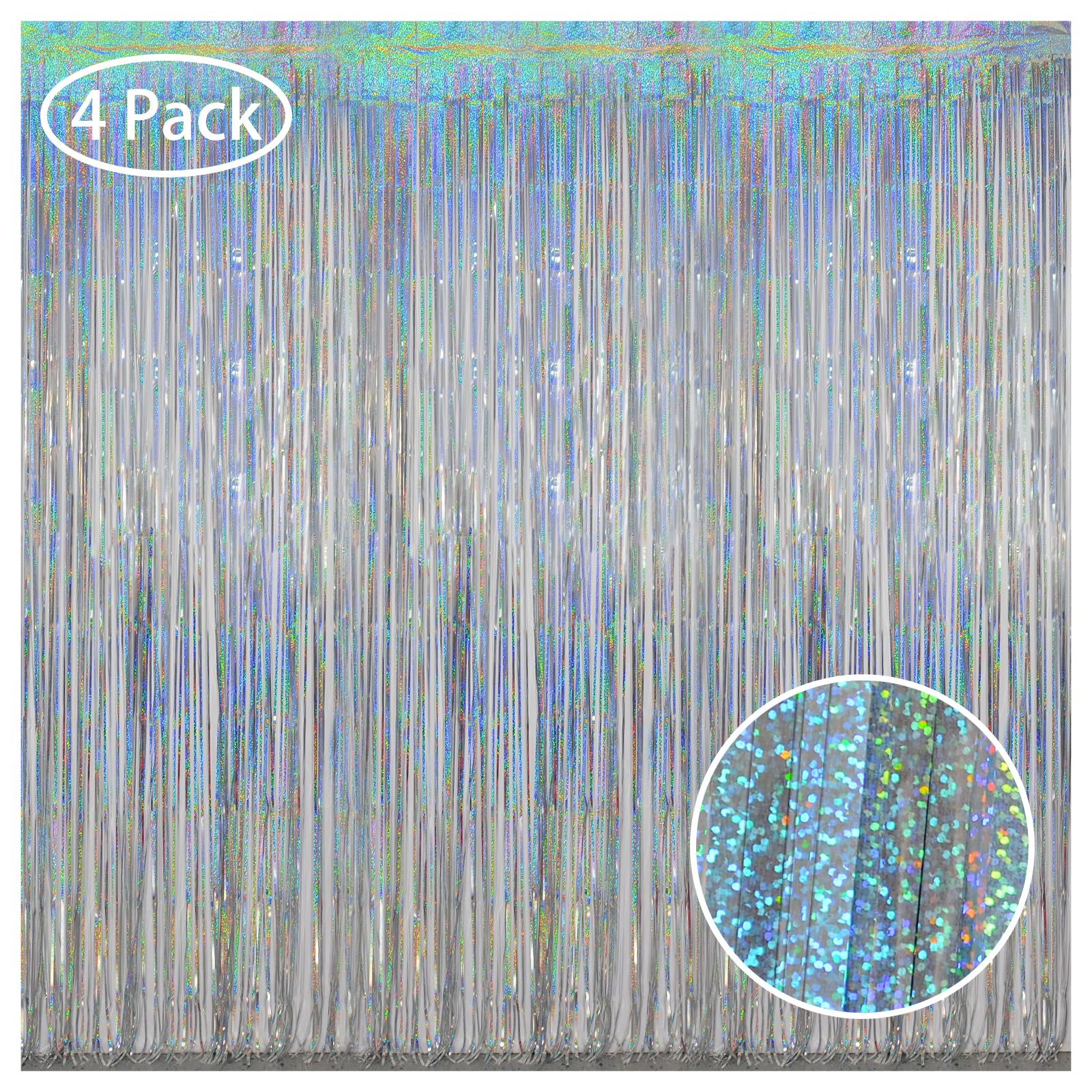 Silver Foil Curtain Tinsel Backdrop, 3.2 ft x 8 ft Tinsel Foil Fringe Curtains Backdrop, Sparkle Metallic Foil Curtains for Party Photo Booth Decoration - 4 Packs