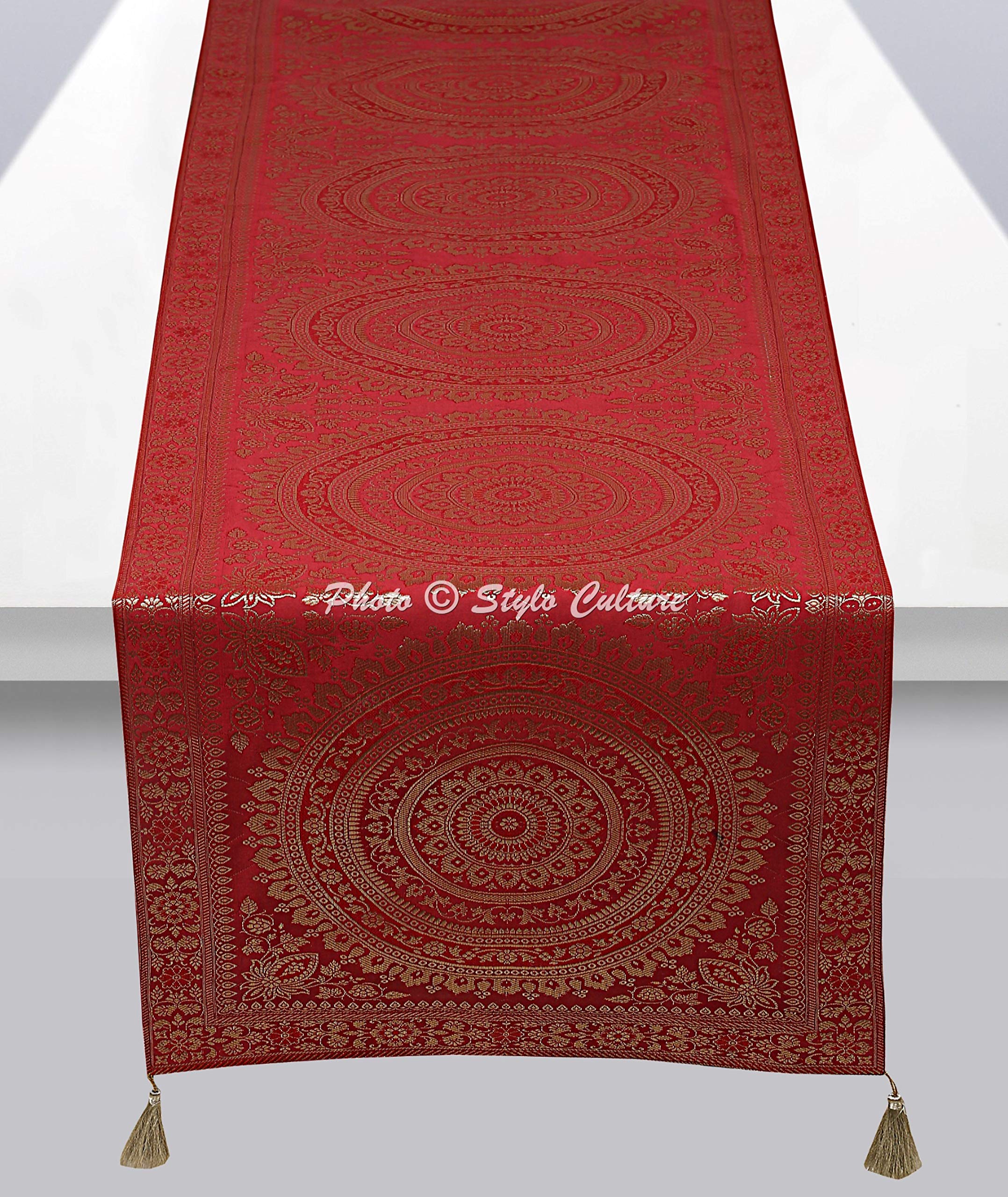Stylo Culture Decorative Extra Long Table Runner Burgundy Maroon Gold Ethnic Round Mandala Jacquard Tassel Work Home Decor Wedding Tablecloth Brocade Rectangle Table Cloth Placemat 68x16 Inches