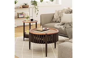 COZAYH Nesting Coffee Table Set of 2, Round Coffee Table, Wood Grain Top with Extra Storage Space, Industrial End Table Side Tables for Living Room, Large Coffee Table with Removable Top