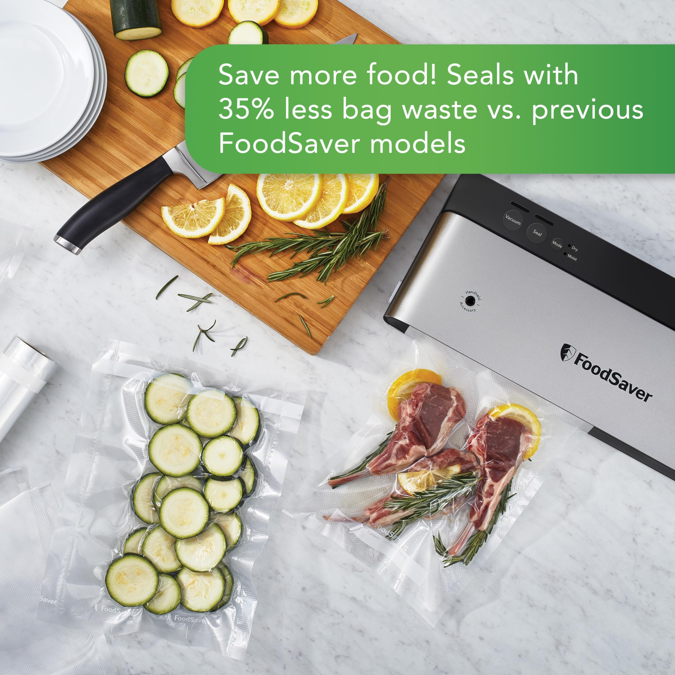 FoodSaver PowerVac Compact Vacuum Sealing Machine Stainless Steel & Black Vertical Storage VS0150 | Preserves freshness reduces bag waste for both dry and wet food