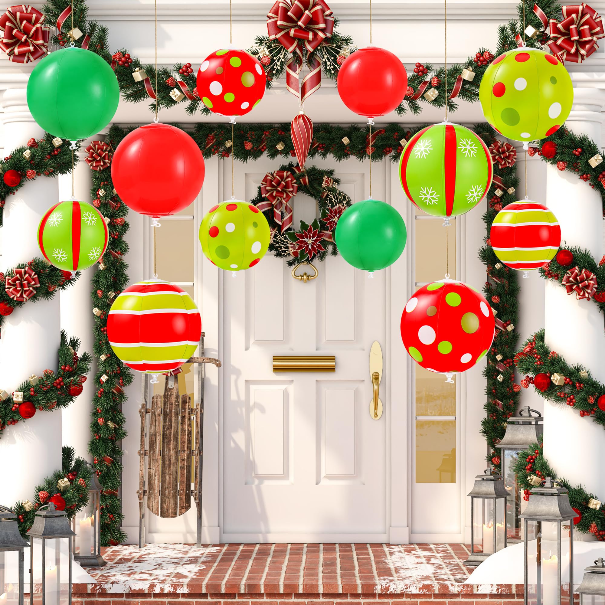 Photo 1 of 12 Pcs 7.5/9 Inch Large Christmas Inflatable Ball Outdoor Hanging Ornament Blow Up Xmas Inflatable Ornaments PVC Christmas Decoration Ball for Yard Lawns Porch Garden Front Door Holiday Decor