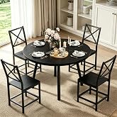 IRONCK Round Dining Table Set for 4, Space‑Saving Drop‑Leaf Table, Black | 5‑Piece Dining Set, 31.5''‑44.5'' Foldable Table, 4 X‑Back Dining Chairs