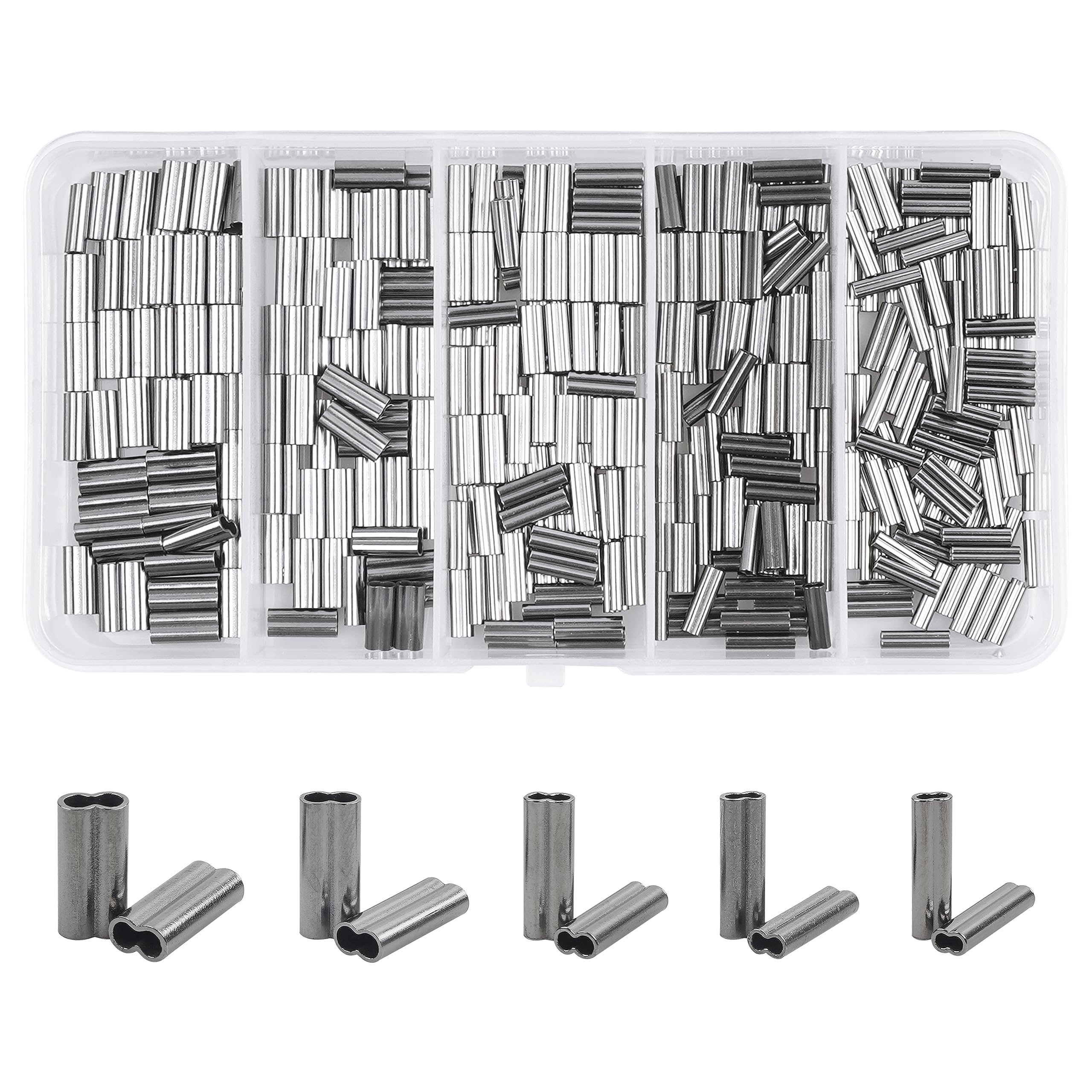 Fishing Crimp Sleeves Kit, 350pcs Double Barrel Fishing Line Crimps Sleeves Copper Crimping Loop Tubes Connector Wire Leader Rigging Tackle for Saltwater Freshwater
