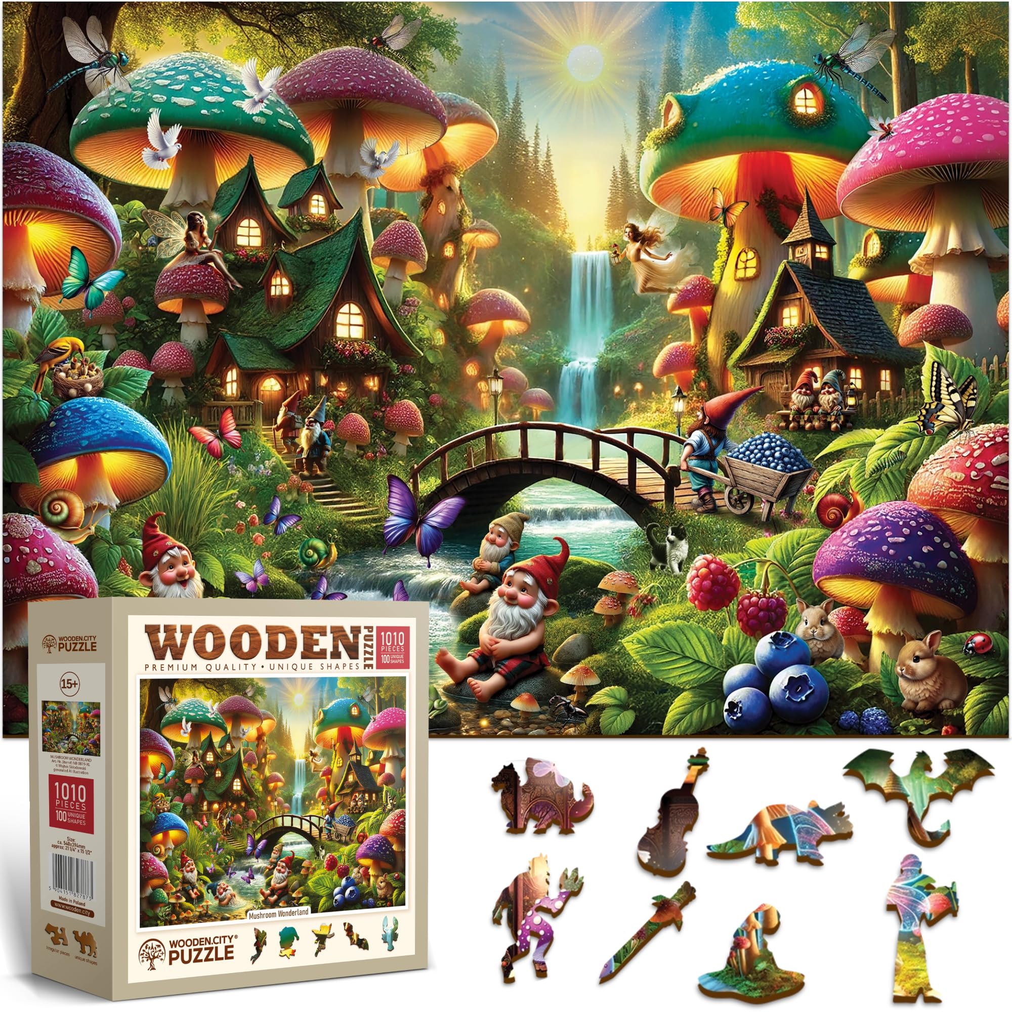 WOODEN.CITY Wooden Puzzle 1000 Pieces Mushroom Wonderland – Premium 1000 Piece Wood Puzzle for Adults with 100 Whimsy Shapes – Made & Designed in EU