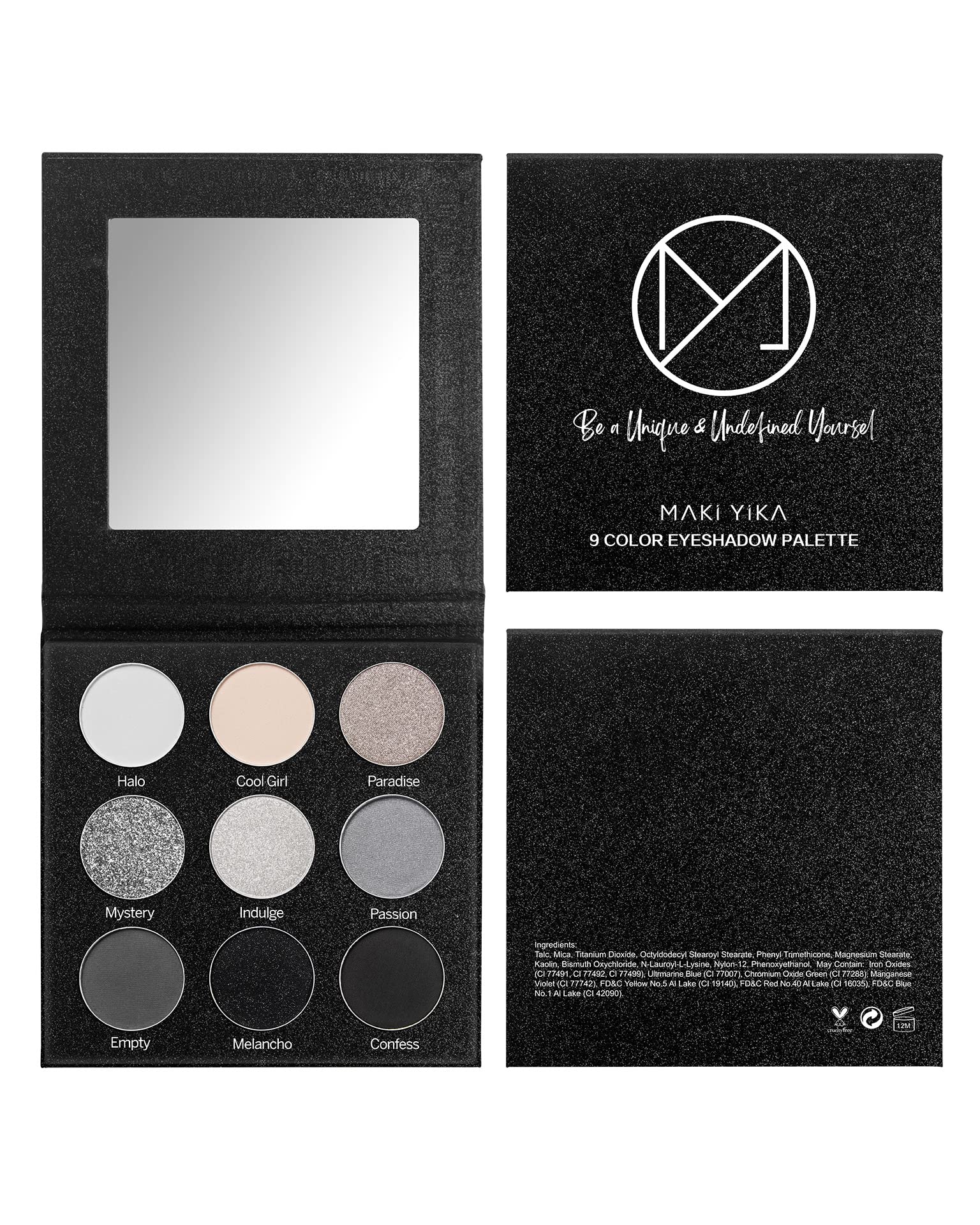 MAKI YIKA Black Grey Smokey Eyeshadow Palette, Matte Black White Gray Silver Smoky Eye Shadow, 9 Colors Black Eyeshadow Long Lasting Eye Makeup For Goth Look