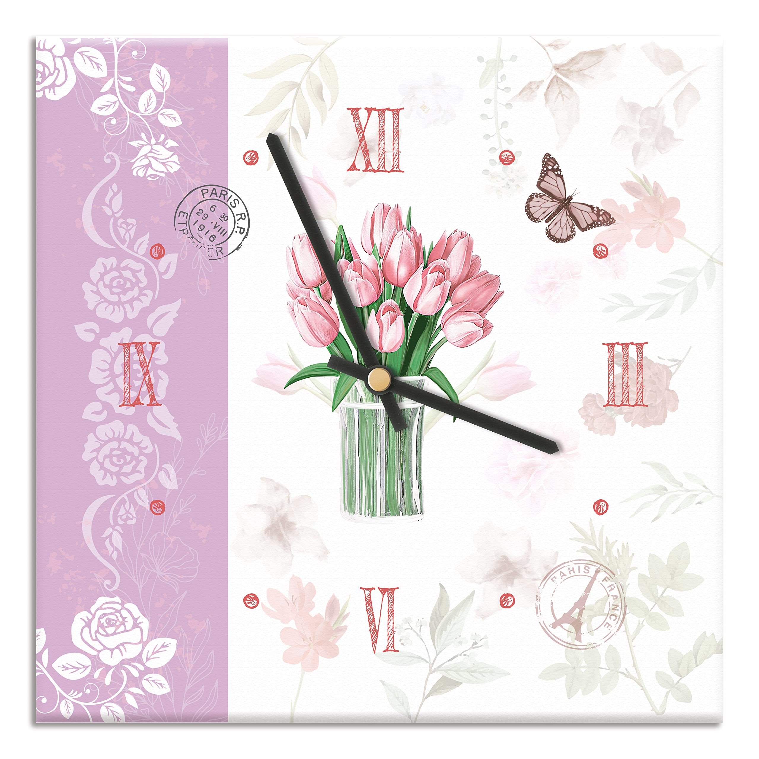 Mareli Wall Clock, Covered with matt laminated paper Shabby print, Tulips, 30x30