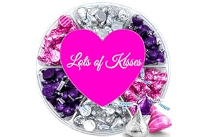 PARTYPOM Valentine's Chocolate Gift Box, Hershey Kisses and Hugs, in Pink, Purple and Silver Foils In A Heart Adorned 6 Sectional Tray for Wife, Husband, Couples, Friends, Men and Women