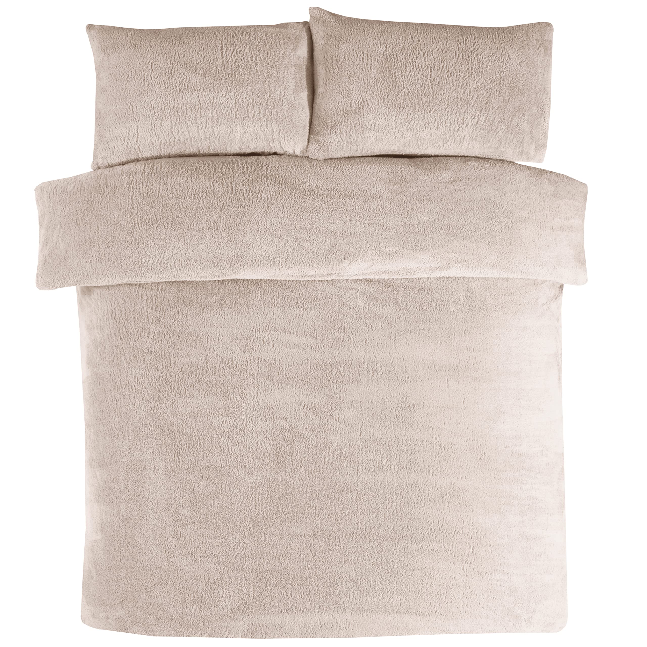 Sleepdown Teddy Fleece Duvet Cover Quilt Bedding Set with Pillow Cases Thermal Warm Cosy Super Soft - King - Natural Ivory