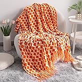 NTBAY Acrylic Knitted Throw Blanket, Lightweight and Soft Cozy Decorative Woven Blanket with Tassels for Travel, Couch, Bed, Sofa, 51x67 Inches, Orange and White Wave