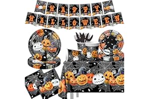 PYMUROD Black Halloween Plates and Napkins - Disposable Party Supplies with Spider Web Pumpkin Paper Tableware for Halloween Theme Birthday Decorations