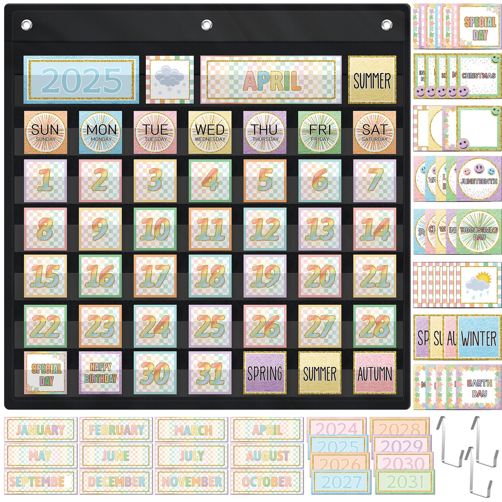 Photo 1 of Bulyoou 119 Pcs Classroom Calendar Pocket Chart Black Monthly Bulletin Board Set Seasons Festival Weather Farmhouse Calendar Set for Classroom Decoration Back to School Supplies(Pastel Checkerboard)