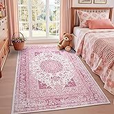 Macgace Bright Pink Area Rug for Girls Bedroom, 4x6 Machine Washable Rugs with Non-Slip Backing for Living Room, Cute Vintage Carpet for Kitchen Laundry Kids Room