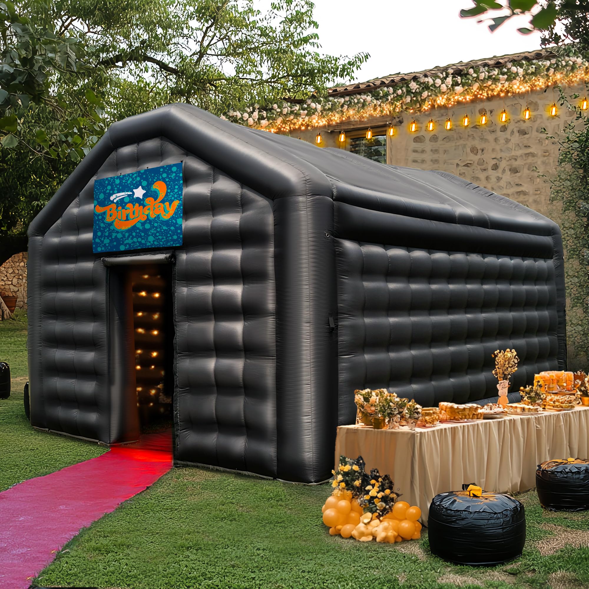 Photo 1 of Large Black Inflatable Night Club 16.4x13x11.5Ft Disco Cube Gazebo Event House with Logo Area Portable Inflatable Party Tent for Birthday, School Events, Backyard Party, Rental Business