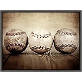 DesignOvation Sylvie Three Vintage Baseballs Framed Canvas by Shawn St. Peter, 18x24 Dark Grey, Transitional Sports Wall Decor for Office, Bedroom, Or Living Room