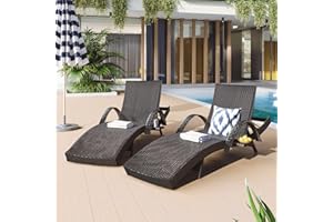 Set of 2 Sturdy Outdoor Wicker Patio Chaise Lounge Chairs with Pull-Out Side Table, 5-Level Adjustable Backrest, Weather-Resi