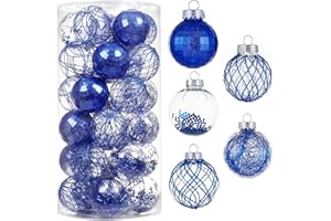 KRISDECOR 30ct Christmas Ball Ornaments-60mm/2.36" Shatterproof Clear Plastic Xmas Balls Baubles Set with Stuffed Delicate Sparkling, Hanging Christmas Tree Decorations (Blue)