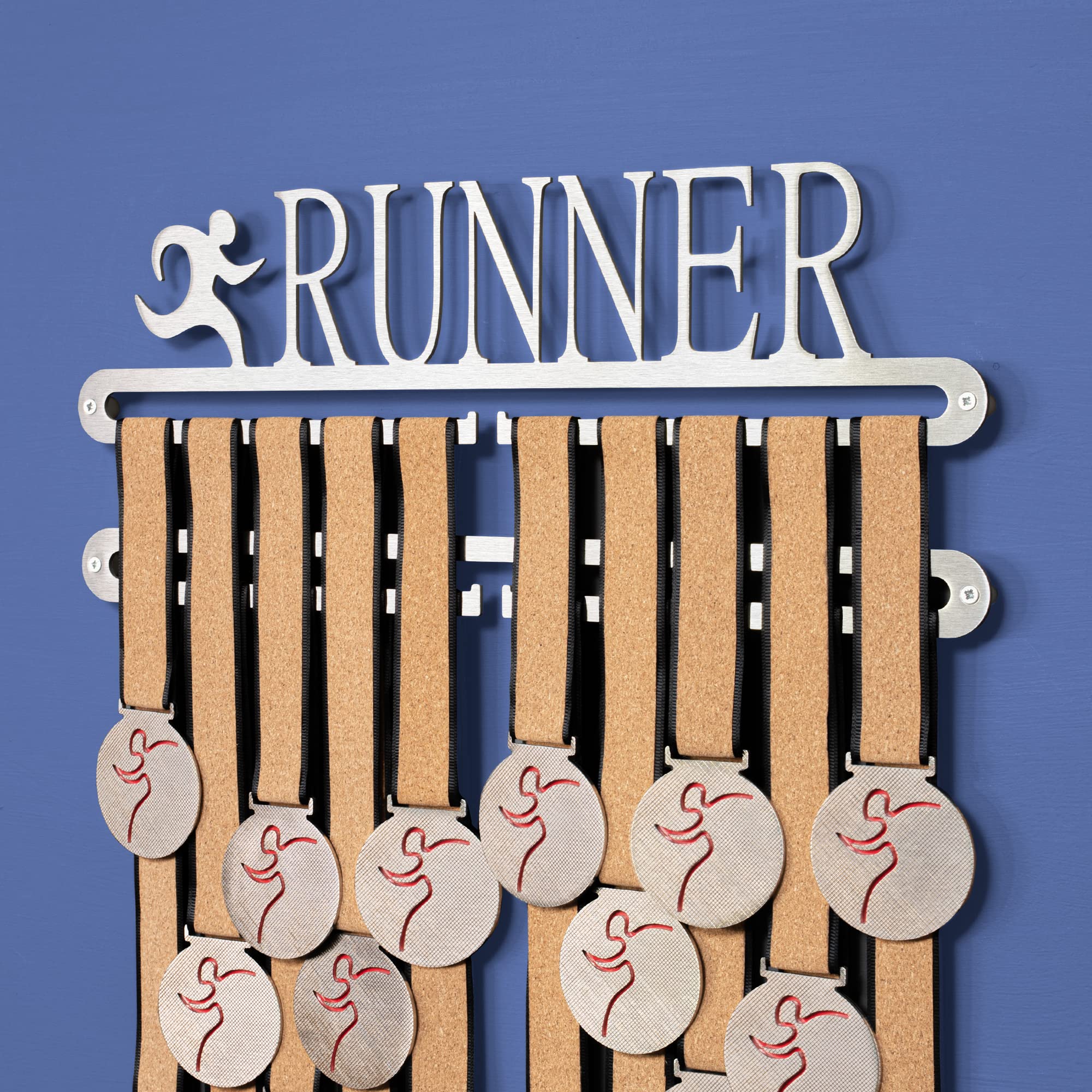 Running Medal Holder Double hanger - Marathon, half, 26.2, 10k, 5k - Wall Mounted Medals Display Holder, Elegant Brushed Stainless Steel Runner Rack Showcase Organizer – Running Gift for Runners