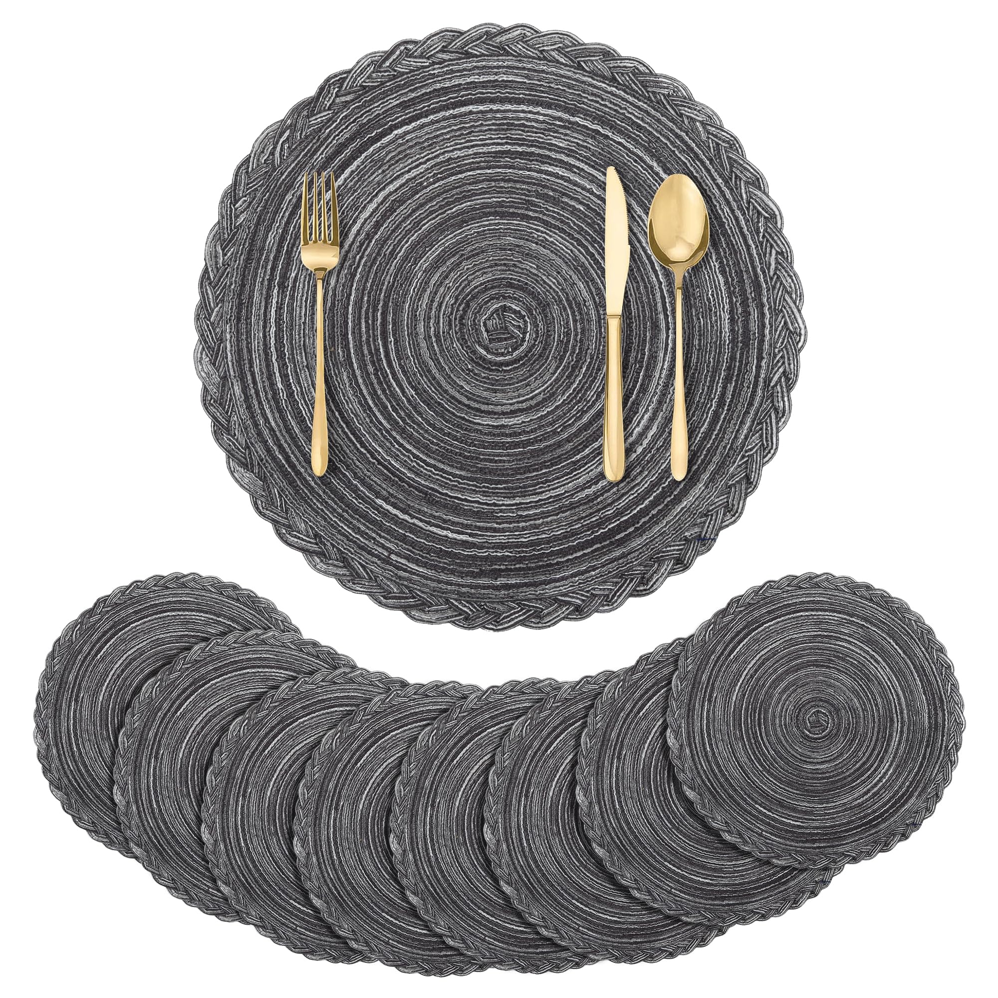 fanquare Round Woven Set of 8 Placemats, 38cm Simple Grey Place Mats, Heat Resistant Easy Clean Table Mats for Dinner Table Home Party Christmas