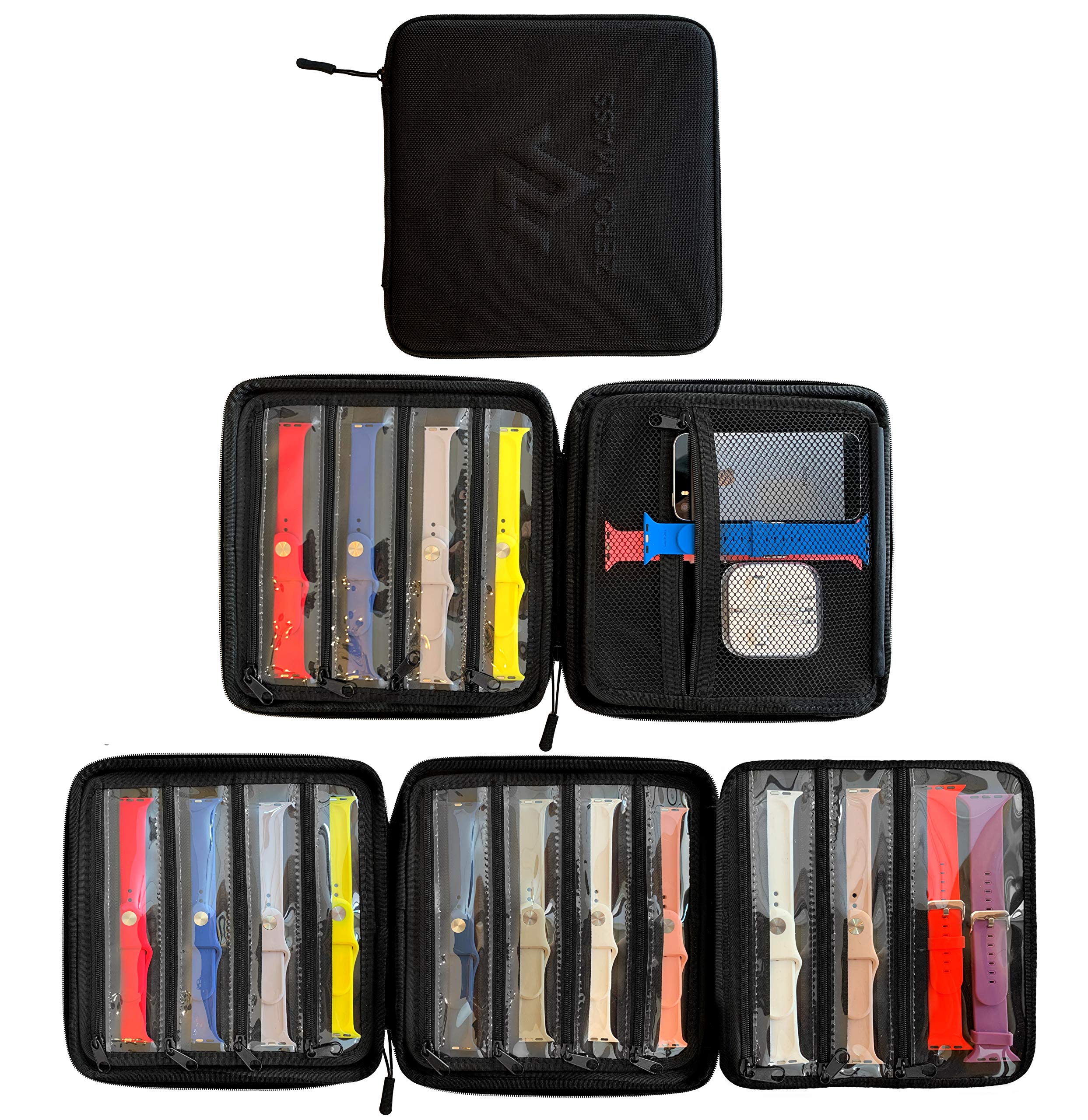 Zero Mass Travel Carrying Case/Folder, Organizer for Apple Watch Bands, Smart Watch Bands, Stores 12-24 Straps, Extra Pocket for Additional Storage (Black)