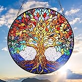 Double Sided Tree of Life Stained Glass Window Hanging, 7.9" Sun Catcher Panel, Green Plant Wall Art for Home & Garden, Unique Gift for Women & Men