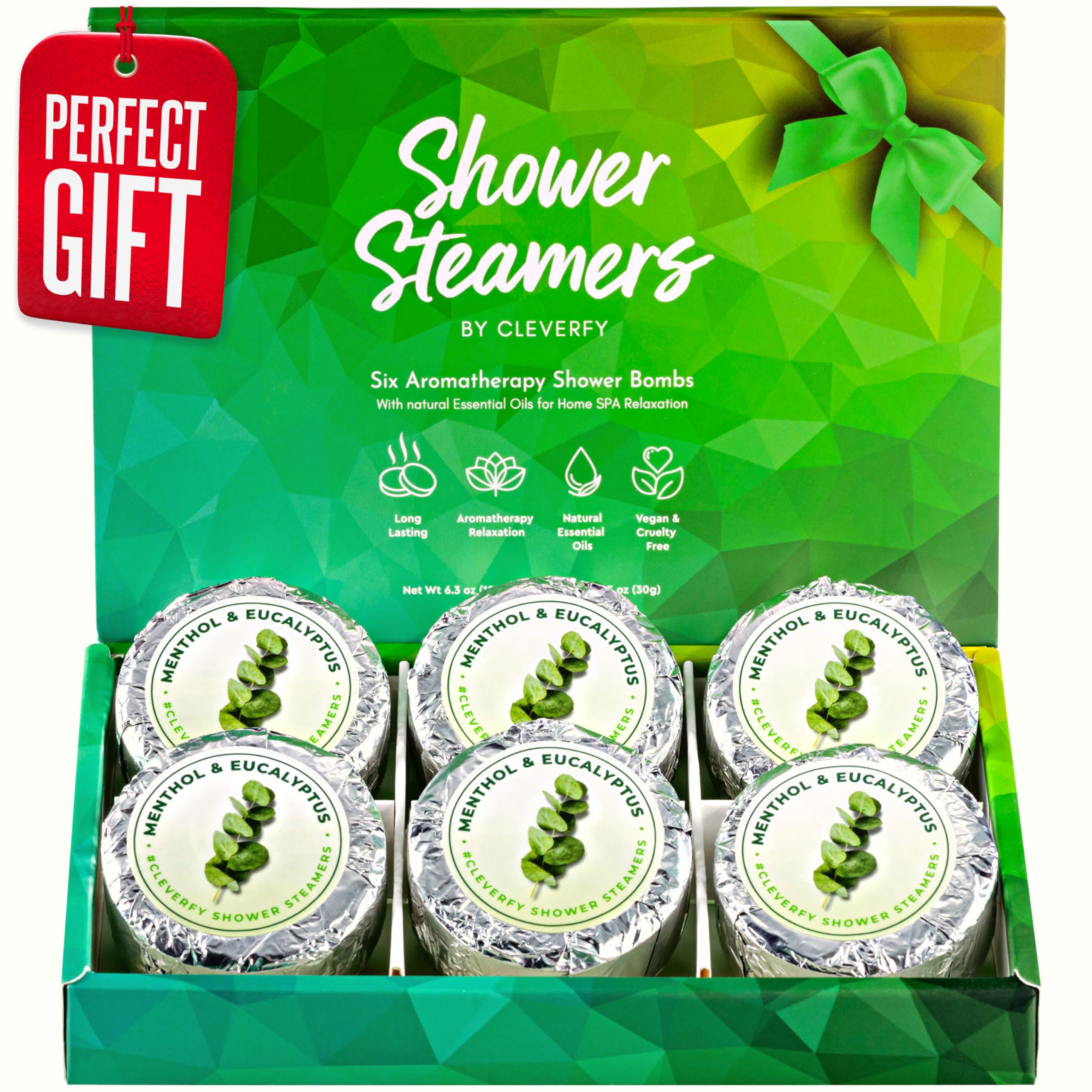 Cleverfy Eucalyptus for Shower Steamers Aromatherapy – Self-Care Shower Bombs for Sinus Relief and Nasal Congestion – 6 Tablets