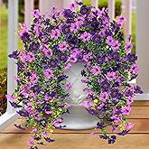 Artificial Fake Hanging Flowers Plants for Outdoor Outside Spring Summer Decoration 2PCS Faux Silk UV Resistant Realistic Mums Daisy with Eucalyptus for Home Porch Patio Balcony(Purple & Magenta)