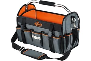 Aupofit 16 Inch Open Top Tool Bag, Thick 1680D Fabric, Foldable 29 Pockets Tool Tote Bags with Stainless Steel Handle & Padded Shoulder Strap, Easy Carry and Easy Tool Access