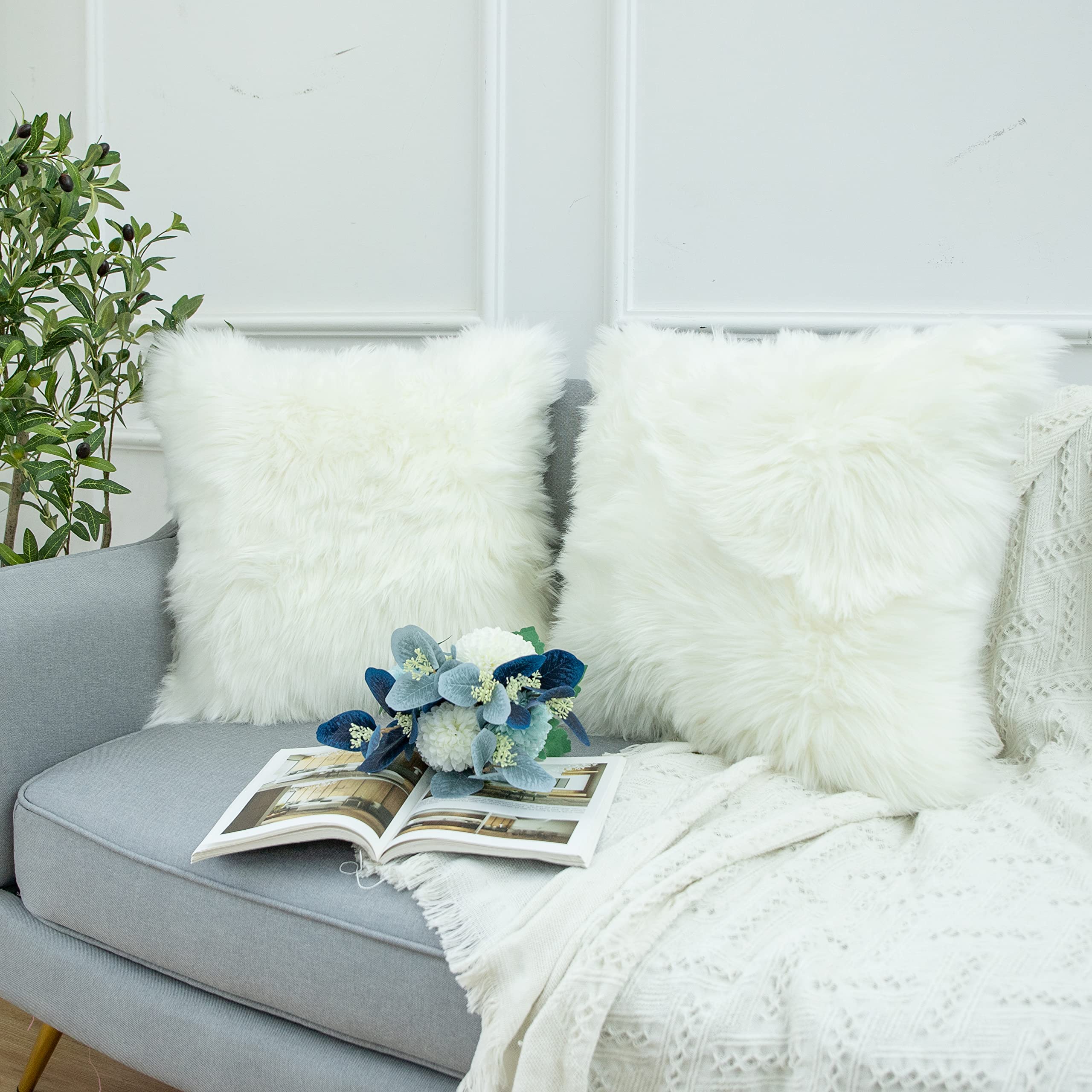 LIGICKY Set of 2 Luxury Series Soft Faux Fur Cushion Cover Decorative Square Plush Pillow Case Throw Pillow Cover for Couch Sofa Bed (White, 16 x 16 Inch) — image 1