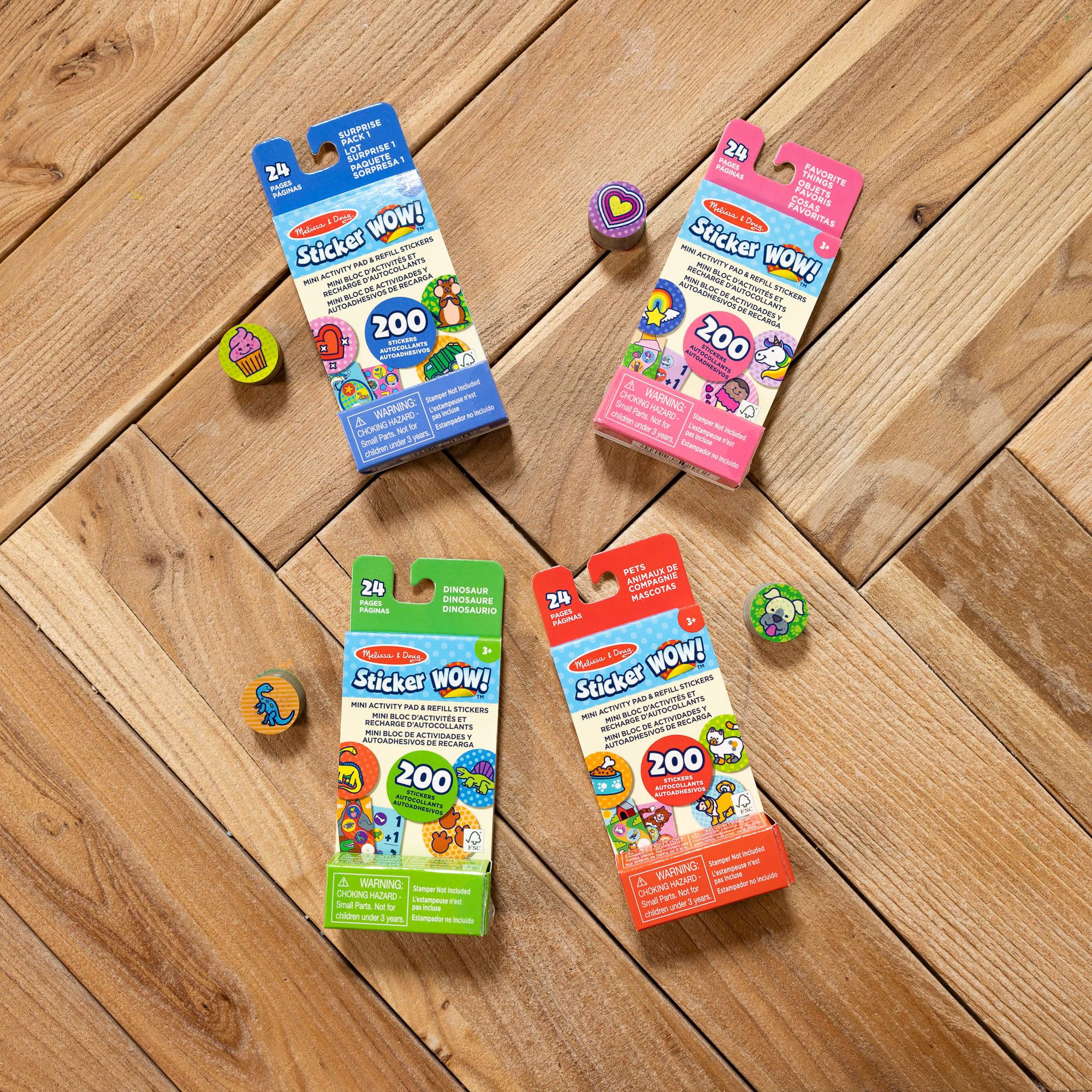 Melissa & Doug Sticker Wow!™ Mini Activity Pad and Refill Stickers 4-Pack (Dinosaur, Pets, Favorite Things, Surprise Pack 1) – 200 Stickers Each (800 Total) for Any Sticker Stamper (Not Included)