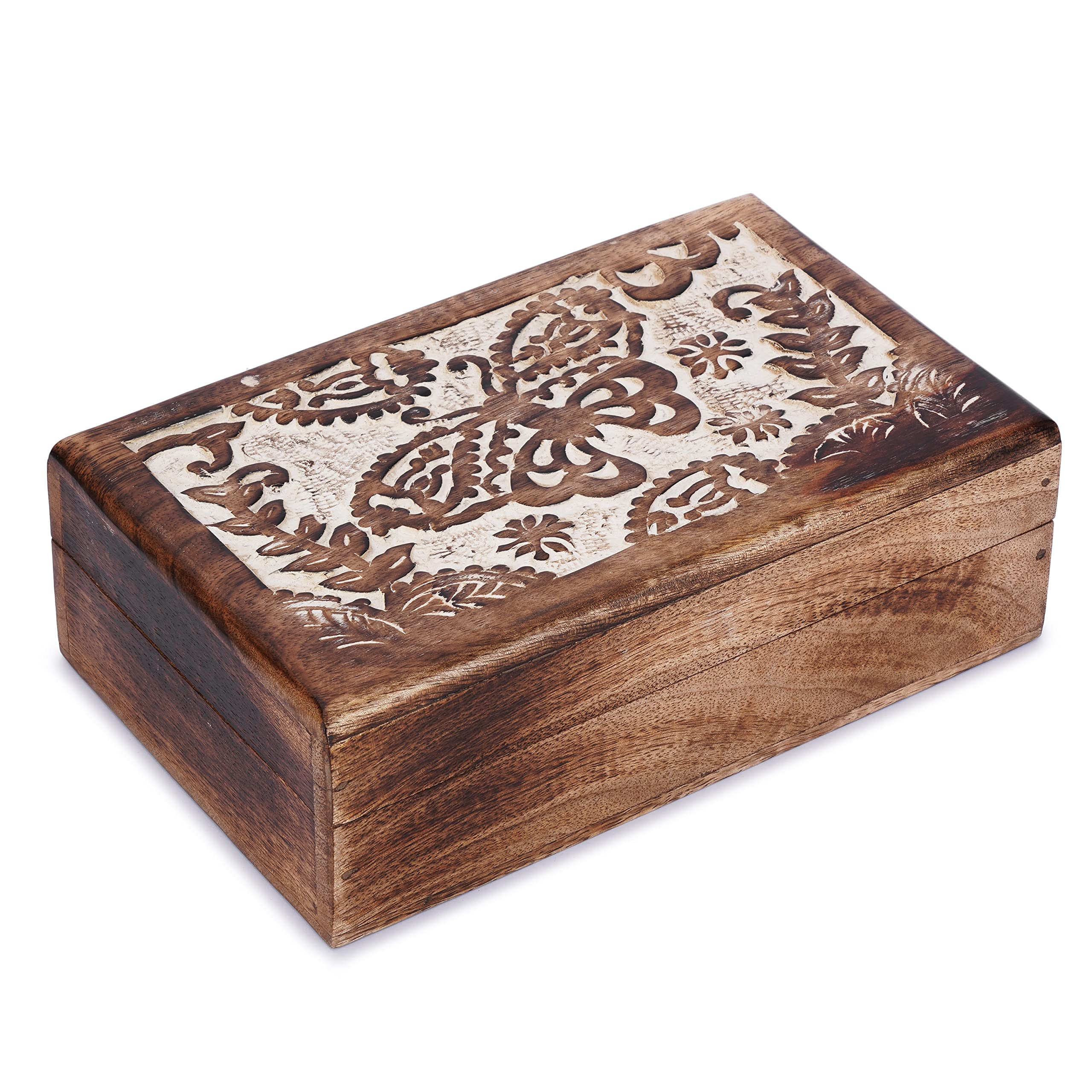 Ajuny Hand-Carved Mango Wood Jewellery Box 8x5 in – Butterfly Design Keepsake & Trinket Organizer, Vintage Decorative Chest with Hinged Lid (White/Brown) – Handmade Gift for Women & Girls