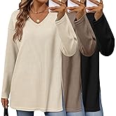 Velvelhall 3 Pack Women’s Long Sleeve Waffle Knit Shirts Oversized V Neck Tops Loose Casual Sweatshirt Basic Side Split Tee