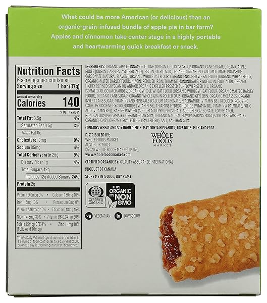 365 BY WHOLE FOODS MARKET, ORGANIC APPLE CEREAL BAR 6 COUNT, 7.8 OUNCE