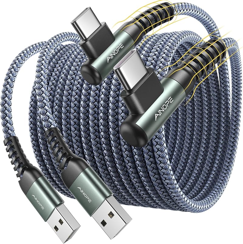 AINOPE USB C Charger Cable 2 Pack 3M+3M 3.1A Right Angle Nylon Braided